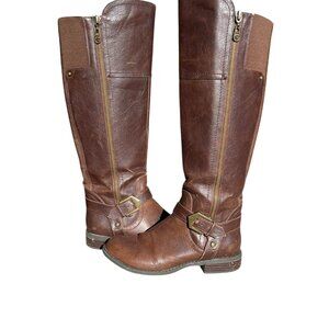 G by GUESS Hailee Brown Knee High Leather Riding Boots Low Heel Inside Zip 6.5